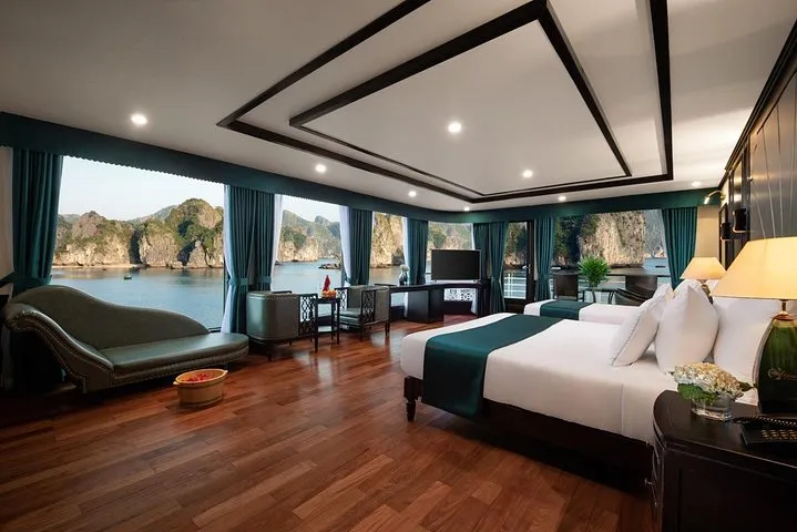 Suite with wide bay-view windows on a 5-star overnight Ha Long Bay junk boat cruise to Lan Ha Bay, Vietnam