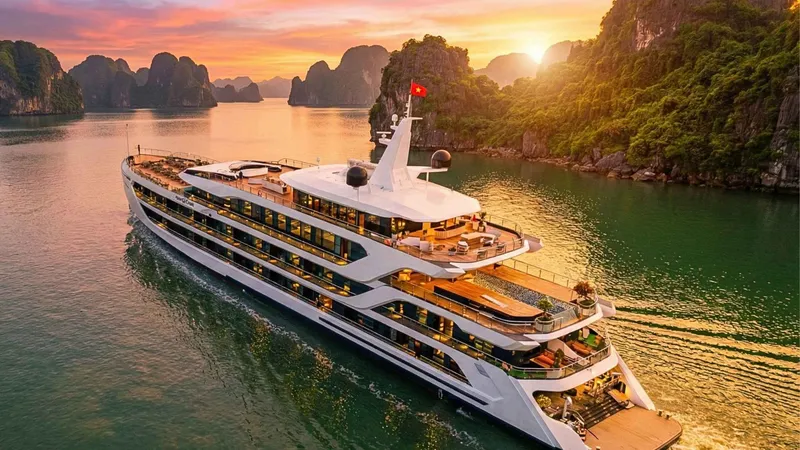 Six-star cruise ship sailing at sunset on a two-day Ha Long Bay junk boat cruise to Lan Ha Bay, Vietnam