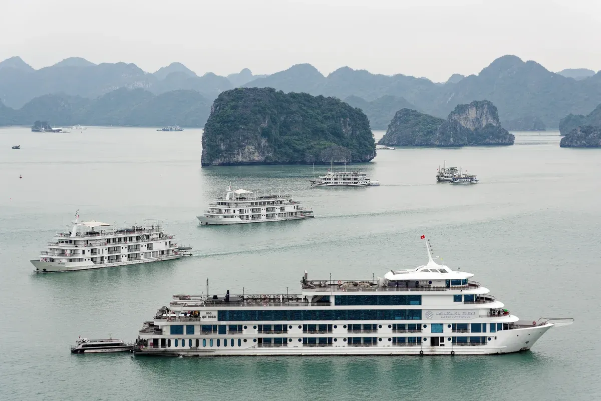 Large cruise boats anchored below Ti Top Island on a Ha Long Bay junk boat cruise
