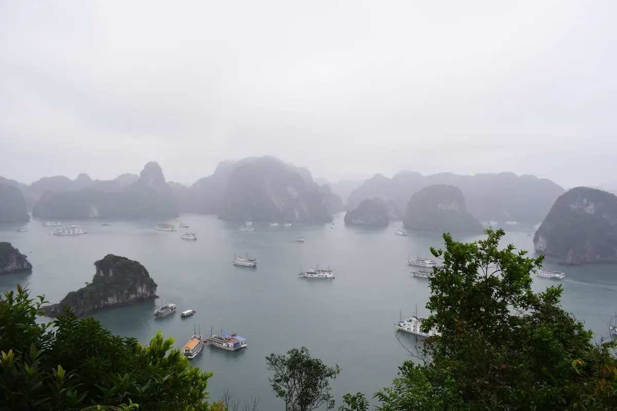 View of Ha Long Bay karsts and boats from the viewpoint on Ti Top Island, Halong Bay cruise